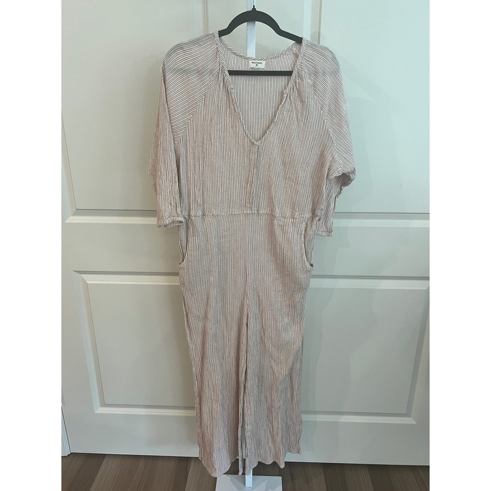 World Market Striped V-Neck Wide Leg Jumpsuit Beige Red S/M Boho Crinkle Pockets - Picture 2 of 10